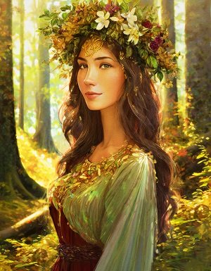 ilustratie, femeie tanara, frumoasa, zambitoare, cu coronita de flori albe si visinii pe cap, imbracata cu bluza bej cu vernil cu maneca lunga, cu corset visiuniu, in timp ce sta intr-o padure intr-o zi insorita