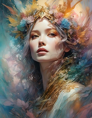 ilustratie generata AI, portret de femeie tanara, frumoasa, ganditoare, cu un ornament de flori pastelate pe cap, inconjurata de flori si de un cadru in nuante pastelate