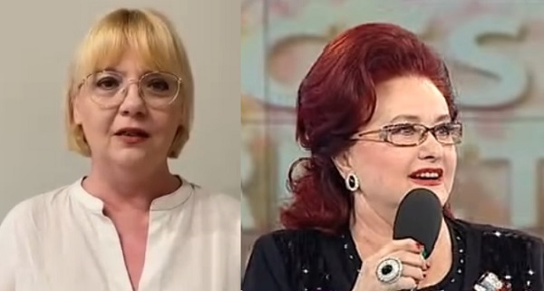 colaj imagini Emilia Popescu trista, purtand ochelari si bluza alba si Stela Popescu zambitoare, cu ochelari, tinand microfonul in mana, imbracata in negru, cu bijuterii cu pietre negre, in timpul unui moment artistic pe un platou de televiziune