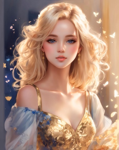 ilustratie generata AI, portret de femeie tanara, blonda, frumoasa, imbracata cu rochie aurie cu decolteu adanc, cu umerii dezgoliti, cu maneci transparente bleu, purtand cercei aurii, stand ganditoare intr-un cadru luminos