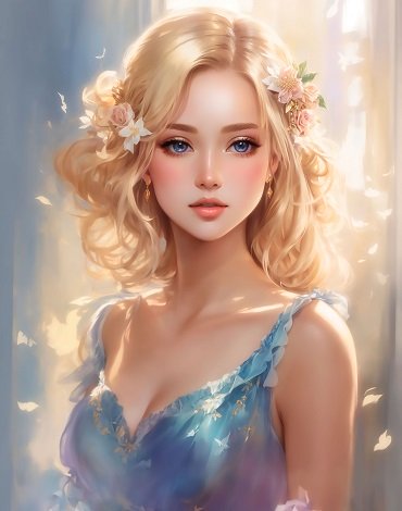 ilustratie generata AI, portret de femeie tanara, frumoasa, blonda, imbracata cu rochie bleu, lucioasa, cu decolteu si bretele subtiri, cu umerii dezgoliti, avand in par flori roz pal, in timp ce sta ganditoare intr-un cadru luminos