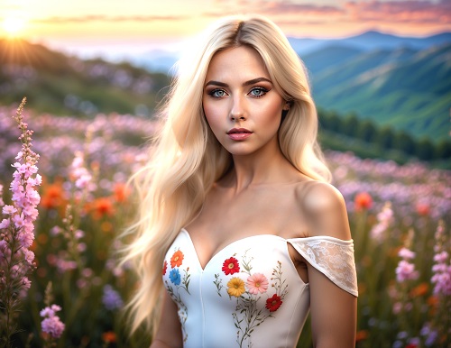 ilustratie generata AI, femeie tanara, frumoasa, cu parul lung si blond, ganditoare, imbracata cu rochie alba tip corset, decorata cu flori, cu umerii dezgoliti, in timp ce se afla pe un camp cu flori de vara in lumina apusului