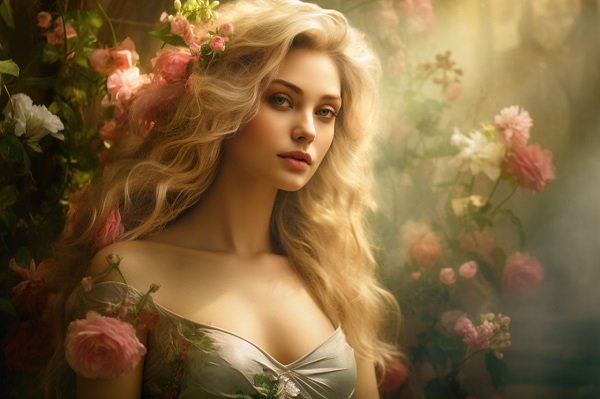ilustratie generata AI, portret de femeie tanara, frumoasa, cu parul lung si blond, ganditoare, imbracata cu o rochie decoltata gri deschis, decorata cu trandafiri roz, in timp ce este inconjurata de trandafiri roz si albi intr-un spatiu interior in care patrunde lumina soarelui