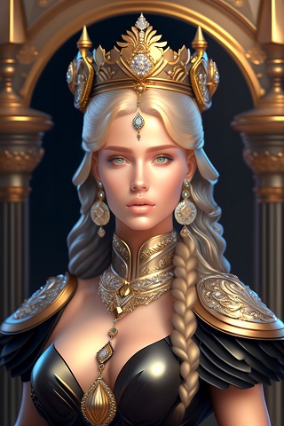 ilustratie generata AI, regina tanara frumoasa, blonda, cu parul lung si coada impletita, imbracata cu rochie neagra decoltata, cu ornamente aurii pe umerii si cu colier masiv auriu, cu coroana aurie cu pietre albe, cu cercei lungi rotunzi, stand intr-un palat auriu