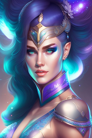 ilustratie generata AI, regina-razboinica cu parul in nuante de albastru si violet, cu un ornament metalic cu auriu, albastru si mov pe cap, imbracata cu rochie cu armura in nuante de violet, decoltata, cu umerii acoperiti cu protectii metalice si cu cu guler metalic, mov, stand intr-un cadru cosmic