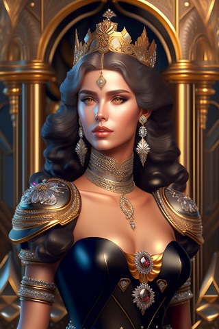 ilustratie generata AI, regina tanara, frumoasa, cu parul negru, imbracata cu rochie armura cu corset, cu pietre rosii si cu auriu pe decolteu si cu protectii pentru umeri cu auriu, purtand colier masiv si cercei lungi cu auriu si cu argintiu, cu coroana aurie cu ornament pe frunte, stand intr-o incapere dintr-un palat auriu