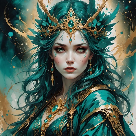 ilustratie generata AI, portret de regina tanara, frumoasa, care nu zambeste, cu parul lung verde turcoaz, cu rochie verde turcoaz cu ornamente aurii, cu colier opulent auriu cu pietre turcoaz, cu cercei lungi si coroană aurie cu pietre turcoaz, in timp ce este inconjurata de un fel de aura aurie, intr-un cadru turcoaz
