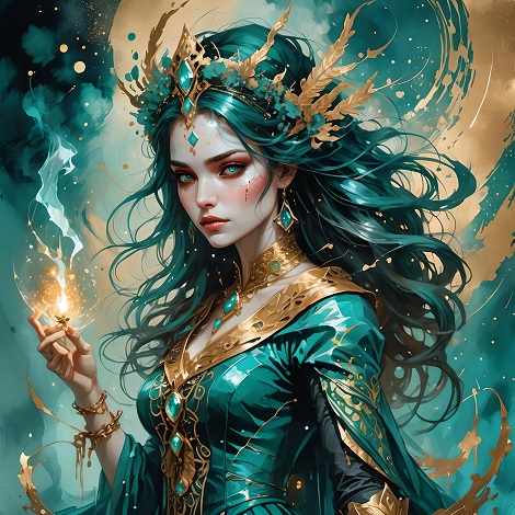 ilustratie generata AI, regina tanara, frumoasa, cu parul verde turcoaz, imbracata cu rochie vede turcoaz cu auriu, purtand colier auriu cu pietre turcoaz si coroana aurie, tinand intr-una dintre maini o flacara, in timp ce se afla intr-un cadru cu turcoaz si cu auriu