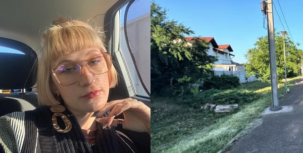 colaj imagini, Anastasia Iris Piron cu ochelari, ganditoare, imbracata in negru, cu cercei aurii, in timp ce se afla in masina si imagine cu constructii si stalpi in Halta Branesti, judetul Ilfov