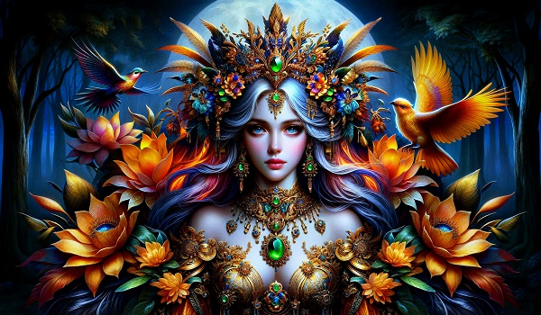 ilustratie, portret de femeie tanara, frumoasa, imbracata cu o tinuta de aur, cu pietre pretioase verzi, cu bijuterii masive cu pietre verzi, avand pe umeri si pe cap ornamente cu flori mari, in timp ce este inconjurata si de pasari intr-un cadru fantastic, intr-o padure, intr-o noapte cu luna plină