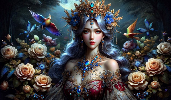 ilustratie, portret de femeie tanara, frumoasa, cu parul lung albastru deschis, imbracata cu rochie rosie decoltata, cu ornamente albastre si aurii, cu colier opulent albastru, cu coroana de aur cu pietre albastre si flori, inconjurata de flori si de doua pasari intr-un cadru fantastic, noaptea, sub luna plina