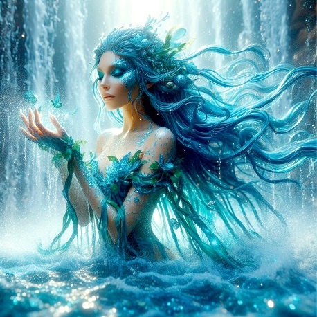 ilustratie generata AI, nimfa a apelor tanara, frumoasa, cu parul albastru, imbracata cu rochie albastra cu verde, stand in apa, cu ochii inchisi, in timp ce isi tine palmele intinse, in spatele ei fiind o cascada