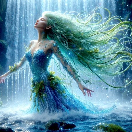 ilustratie generata AI, nimfa a apelor, cu parul verde, imbracata cu rochie albastra decorata cu plante acvatice, care sta in picioare, cu ochii inchisi, si mediteaza in timp ce se afla in apa, langa o cascada