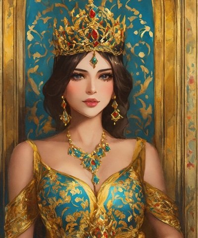 ilustratie tip pictura, regina tanara,frumoasa, imbracata cu rochie decoltata, turcoaz cu auriu, cu umerii dezgoliti, avand colier auriu cu pietre turcoaz si rosii, cercei lungi aurii si coroana cu pietre rosii si turcoaz, in timp ce sta pe tronul ei, cu auriu si cu turcoaz