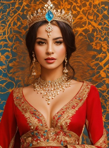 ilustratie tip pictura, regina tanara, frumoasa, imbracata cu rochie rosie, decoltata, cu maneca lunga, cu ornament auriu in zona decolteului, cu colier auriu cu perle, cu cercei lungi aurii si cu coroana opulenta, aurie, cu diamante si cu pietre pretioase rosii, stand intr-un cadru turcoaz cu ornament portocaliu