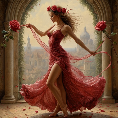 ilustratie, femeie tanara, frumosa,imbracata cu rochie lunga, rosie, vaporoasa, crapata pe picior, avand pe cap o coronita de trandafiri rosii, in timp ce danseaza desculta intr-un spatiu cu o arcada, decorata cu trandafiri rosii, din care se vad turnurile unor cladiri dintr-o localitate