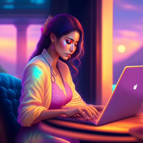 ilustratie, femeie tanara, frumoasa, imbracata cu top de dantela ciclam si cu bluza alba, lejera, in timp ce sta pe un scaun turcoaz, concentrata, la birou, lucrand pe laptop la apusul soarelui