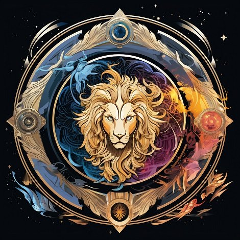 ilustratie generata AI, reprezentare a zodiei Leu intr-un context fantastic, intr-un cerc cu auriu, cu albastru, cu portocaliu si cu rosu, pe cerc fiind niste reprezentari, cercul aflandu-se intr-un cadru stelar