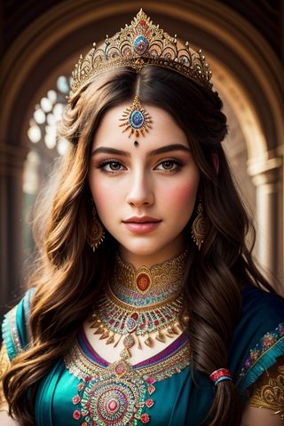 ilustratie generata AI, portret de printesa tanara, frumoasa, imbracat cu rochie turcoaz cu auriu si cu ornament la piept in diverse culori, cu colier opulent cu auriu si pietre de diverse culori, cu coroana aurie cu pietre pretioase colorate si cu ornament din piatra albastra care atarna pe fruntea ei, in timp ce se afla intr-o incapere a unui palat