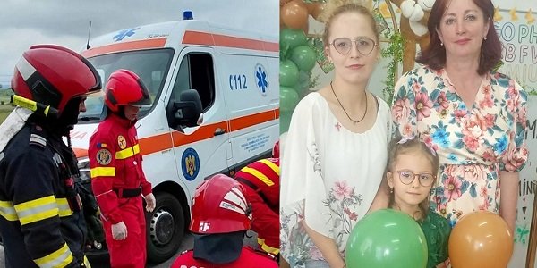 colaj imagini, ambulanta,pompier SMURD și echipaj medical in echipament in misiune la un accident produs pe o sosea din judetul Bacau si Rebeca, fetita care a murit in accidentul din Moinesti, imbracata cu rochita verde, purtand ochelari si avand in mana doua baloane, in timp ce se afla alaturi de mama ei si de doamna educatoare la o serbare