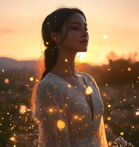ilustratie, femeie tanara, frumoasa,cu parul lung, strans in coada, visatoare, imbracata cu rochie alba cu auriu cu maneci lungi, in timp ce se afla pe un camp, la apusul soarelui, inconjurata de luminite aurii