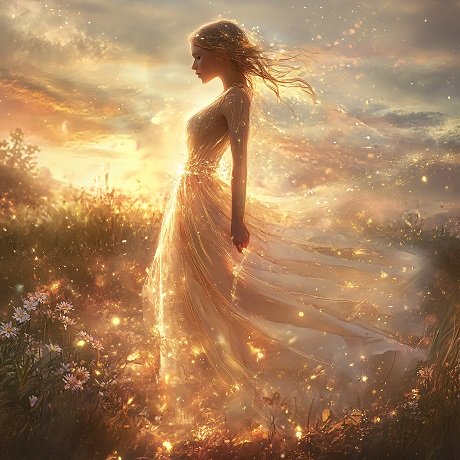 ilustratie, femeie tanara, supla, imbracata cu rochie alba vaporoasa, stand cu ochii inchisi, visatoare, pe o pajite cu flori, la apus de soare, in timp ce este inconjurata de luminite 