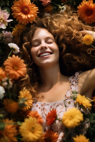 ilustratie, femeie tanara, frumoasa, cu parul saten-roscat, ondulat, vesela, cu ochii inchisi,imbracata cu rochie sau bluza alba cu imprimeu floral, in timp ce sta culcata printre flori 