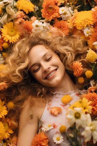 ilustratie, femeie tanara, frumoasa, cu parul blond si ondulat, vesela,tinand ochii inchisi, imbracata in alb, in timp ce sta culcata printre flori 