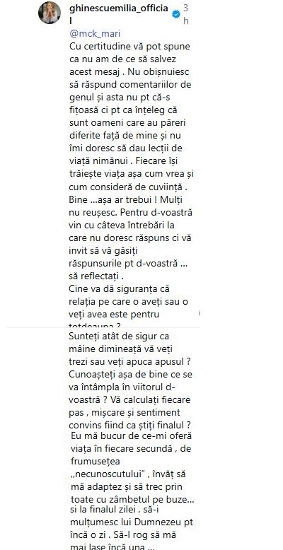 captură mesaj trimis de Emilia Ghinescu pe Instagram unui urmaritor care i-a criticat relatia cu iubitul ei, Viorel