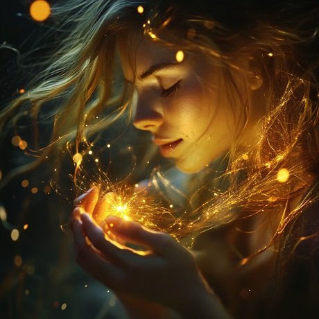 ilustratie generata AI, portret de femeie tanara, frumoasa, visatoare, care tine ochii inchisi pe intuneric, in timp ce incearca sa tina in palme o lumina aurie, fiind inconjurata de luminite aurii