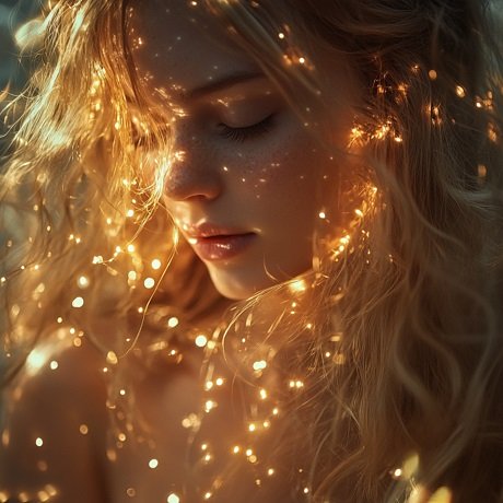 ilustratie generata AI, portret de femeie tanara, frumoasa, cu parul blond,visatoare, cu ochii inchisi, in timp ce este inconjurata de numeroase luminite aurii, prinse in parul ei