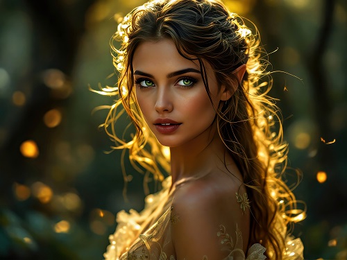ilustratie, portret de femeie-elf, tanara, frumoasa, cu ochi verzi, imbracata cu rochie bej aurie cu umerii dezgoliti, in timp ce se afla in lumina razelor de soare in padure