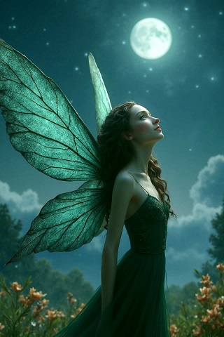 ilustratie, zana cu aripi verzui, imbracata cu rochie cu bretele subtiri, privind in sus in timp ce se afla pe o pajiste cu flori intr-o noapte cu luna plina si cu nori frumosi