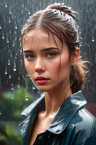 ilustratie generata AI, portret de femeie tanara, frumoasa, cu parul prins, trista, imbracata cu haina lucioasa verzuie, in timp ce sta in ploaie
