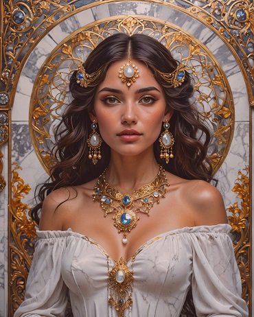 ilustratie generata AI, femeie tanara, frumoasa, imbracata cu rochie alba decoltata, cu umerii dezgoliti si cu maneci lungi, avand in zona decolteului un ornament opulent auriu cu perla, la gat un colier auriu cu pietre albastre, cercei lungi cu piatra sidefata, ornament auriu cu perla pe frunte, diadema aurie cu pietre albastre, stand rezemata de un zid cu marmura alba cu gri, cu ornamente aurii
