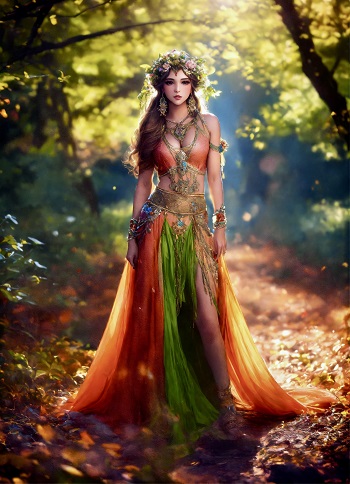 ilustratie generata AI, zana tanara, frumoasa, cu coronita de flori, imbracata cu bustiera si cu fusta lunga colorate, in timp ce se afla pe o carare din padure, intr-o zi insorita