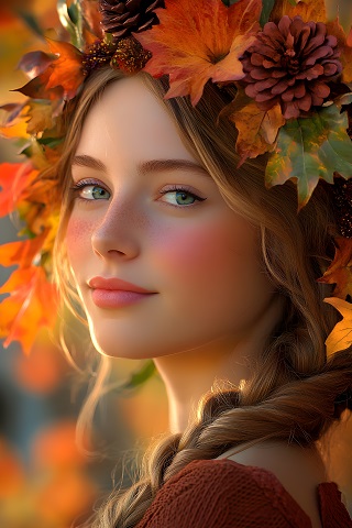 ilustratie generata AI, portret de femeie tanara, frumoasa, zambitoare, imbujorata,cu coada impletita pe umeri, imbracata in maro roscat,avand pe cap un ornament din frunze de toamna si conuri