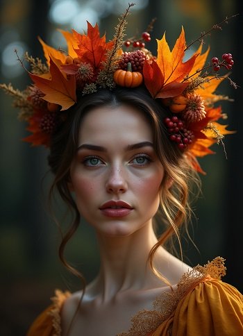 ilustratie generata AI, portret de femeie tanara, ingandurata, imbracata in galben mustar, cu parul strans, avand pe cap un ornament din frunze de toamna, dovleci, ramuri si tulpini cu bobite rosii