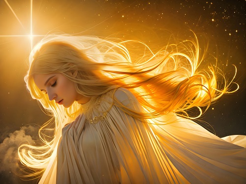 ilustratie generata AI, femeie-inger cu aripi albe, cu parul blond, imbracata in rochie alba cu auriu la gat,privind in jos intr-un cadru celest, scaldata intr-o lumina aurie