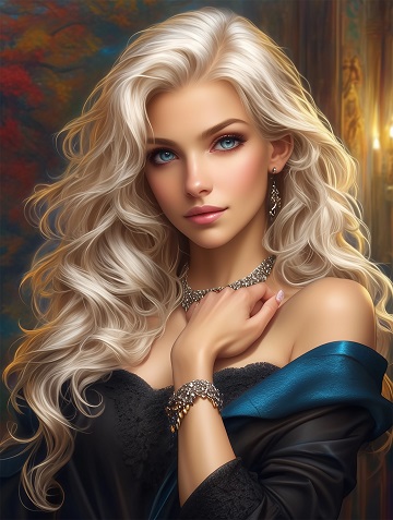 ilustratie generata AI, femeie tanara, frumoasa, cu parul lung, blond, imbracata in rochie neagra cu albastru, decoltata, tinandu-si una dintre maini pe gat, purtand bratara , cercei si colier argintii, in timp ce se afla intr-un cadru interior cu peretii pictati