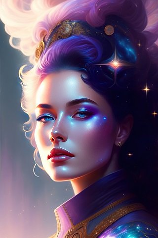 ilustratie generata AI, portret de femeie frumoasa, cu parul violet, cu un ornament cu auriu si stele prin par, imbracata in tinuta in nuante de violet cu auriu, stand intr-un cadru cosmic
