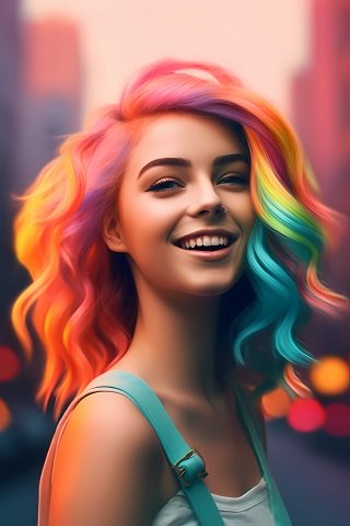 ilustratie generata AI, femeie tanara, frumoasa, cu parul in culorile curcubeului, vesela, imbracata cu maieu alb si cu o salopeta bleu-turcoaz