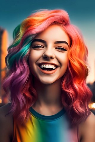 ilustratie generata AI, femeie tanara, frumoasa, vesela, cu parul ondulat, in culorile curcubeului, imbracata cu top tot in culorile curcubeului