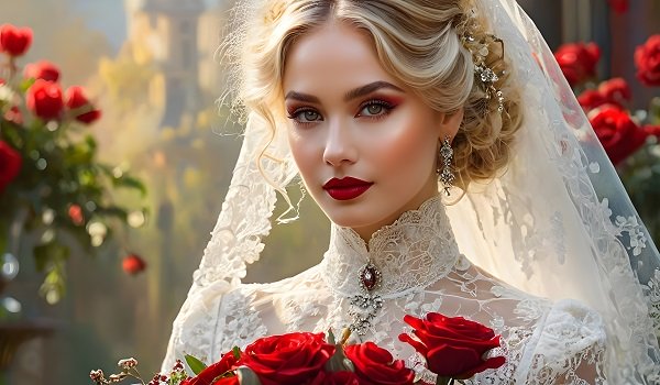 ilustratie generata AI, mireasa tanara, frumoasa, cu parul blond, cu ruj rosu, cu val brodat, in timp ce tine in mana un buchet de trandafiri rosii, in spatele ei aflandu-se tufe de trandafiri