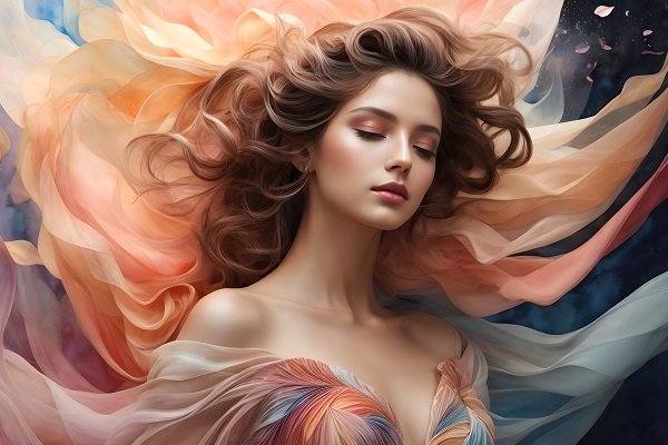 ilustratie generata AI, femeie tanara, frumoasa, visatoare, cu ochii inchisi, imbracata cu rochie cu nuante pastelate, inconjurata de valuri asortate intr-un cadru fantastic