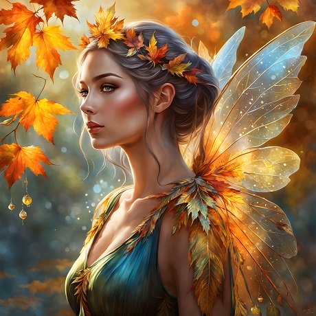 ilustratie generata AI, portret de zana tanara,frumoasa, cu aripi transparente cu auriu, imbracata in tinuta decoltata cu turcoaz si auriu, avand pe cap o coronita de frunze de toamna si frunze pe umeri, stand sub o ramura de copac cu frunze colorate toamna
