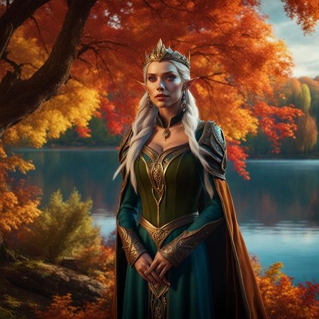 ilustratie generata AI, regina-elf imbracata cu rochie cu corset, in nuante de verde, cu auriu, decoltata,cu mantie si umeri de armura aurie, in timp ce sta cu spatele la o apă intr-un peisaj de toamna