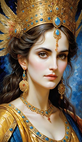 ilustratie generata AI, portret de femeie tanara, frumoasa, in tinuta cu albastru si auriu, cu colier auriu cu albastru, cu cercei lungi cu auriu, albastru si rosu si purtand o coroana opiulenta, aurie, cu pietre albastre si cu un ornament mare pe frunte, dintr-o piatra albastra