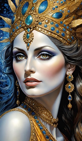 ilustratie generata AI, portret de regina frumoasa, imbracata cu tinuta galben mustar, cu colier cu auriu si albastru, cu cercei lungi aurii cu albastru si purtand coroana opulenta cu auriu si cu pietre albastre