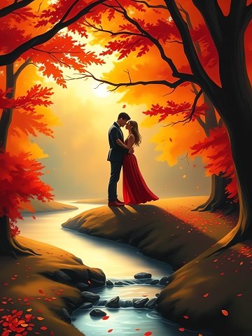 ilustratie generata AI, cuplu intr-un moment romantic, tinandu-si fruntile lipite una de a celuilalt, partenerul imbracat cu costum inchis la culoare si partenera in rochie rosie lunga, in timp ce amandoi se afla intr-un cadru de toamna, pe malul unei ape